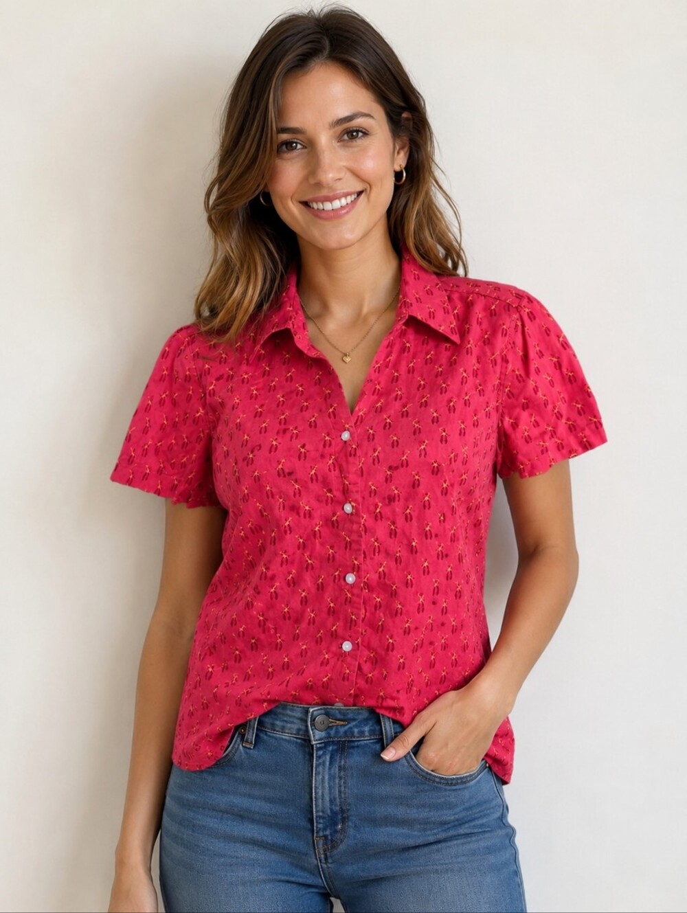 Chic Vintage Red Raspberry Button Down Cotton Blouse, Guitar Cowboys, L
